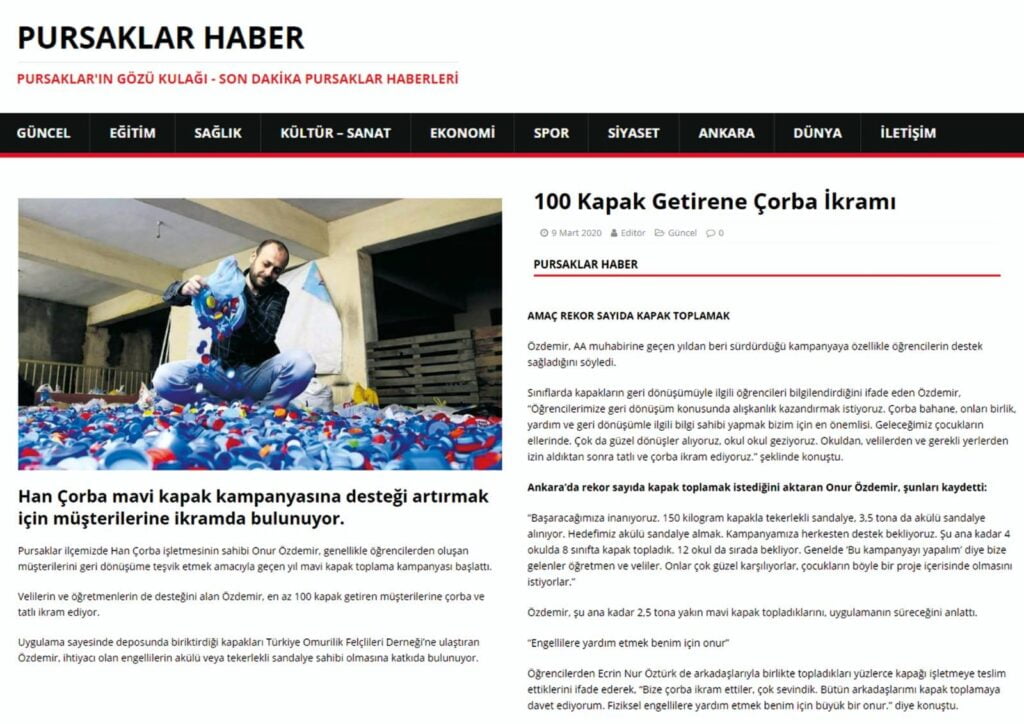 Han Çorba sahibi Onur Özdemir, müşterilerini geri dönüşüme teşvik etmek amacıyla geçen yıl mavi kapak toplama kampanyası başlattı.